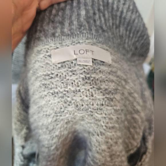 LOFT Geo Jacquard Grey White Wool Mohair Blend Open Cardigan L - Picture 4 of 13